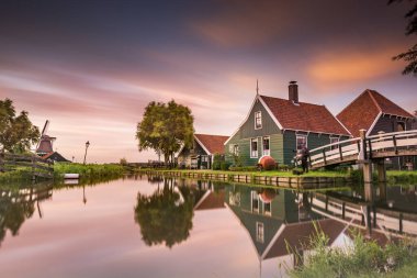 Windmill at Blue Hour in Zaanse Schans, Netherlands  Scenic Evening View Near Zaandam City