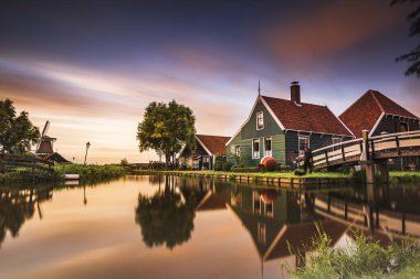 Windmill at Blue Hour in Zaanse Schans, Netherlands  Scenic Evening View Near Zaandam City