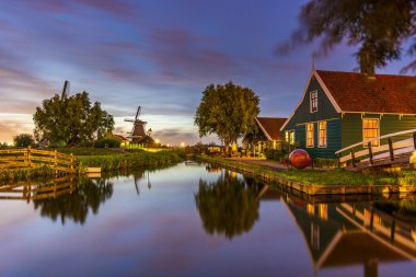 Windmill at Blue Hour in Zaanse Schans, Netherlands  Scenic Evening View Near Zaandam City