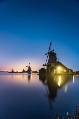 Windmill at Blue Hour in Zaanse Schans, Netherlands  Scenic Evening View Near Zaandam City