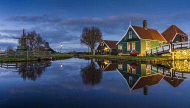 Windmill at Blue Hour in Zaanse Schans, Netherlands  Scenic Evening View Near Zaandam City
