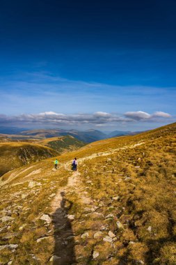 Romanya 'nın Parang Dağları' ndaki Galcescu Gölü yakınlarındaki vahşi Karpatlar 'da, canlı sonbahar renklerinin engebeli doruklarla buluştuğu nefes kesici bir sonbahar günü yaşayan bir gezgin görülüyor.