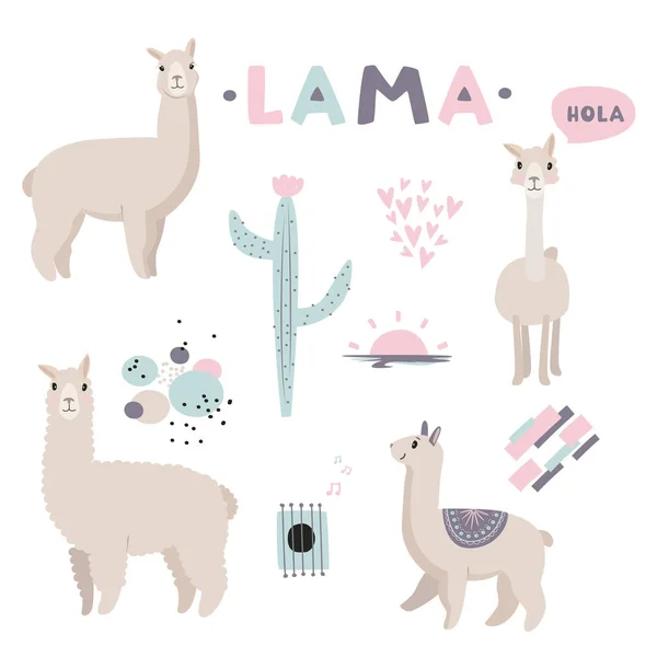 Vector illustration. Lama collection with cute objects, hearts, abstract patterns. — Stock Vector