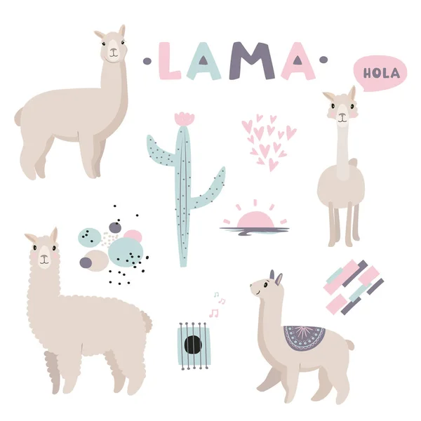 Ilustración vectorial. Colección Lama con objetos lindos, corazones, patrones abstractos . — Archivo Imágenes Vectoriales