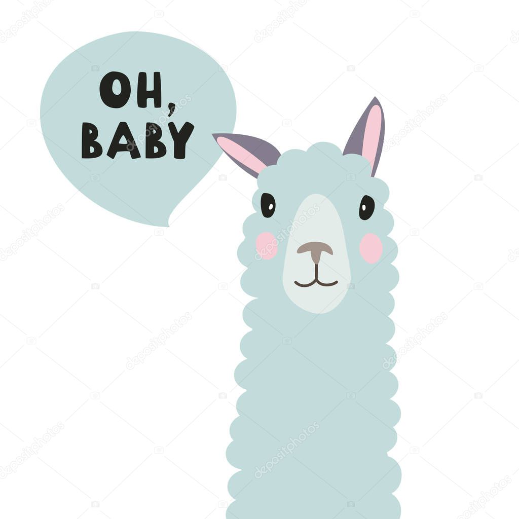 Cute vector flat illustration. Isolated green lamas head with Oh, baby words in cloud.