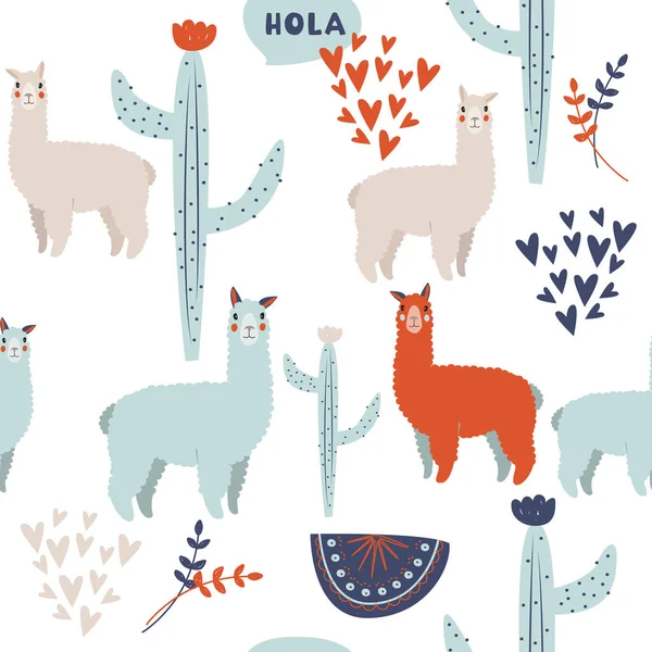 Cute lama vector background. South American ethnic pattern with cactus, abstract compositions and hearts.