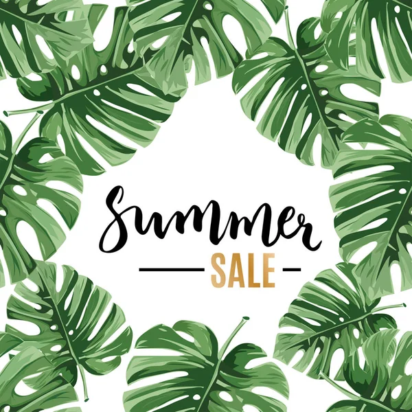 Helle Vektor Tropischen Sommer Hintergrund Verkaufsbanner Plakat Mit Dschungelpalmenblättern — Stockvektor