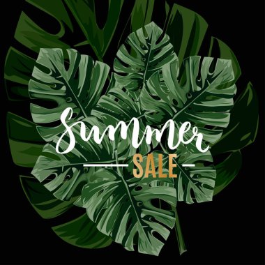 Parlak vektör tropikal yaz arka plan. Satış afiş, poster ile orman palmiye yaprakları.