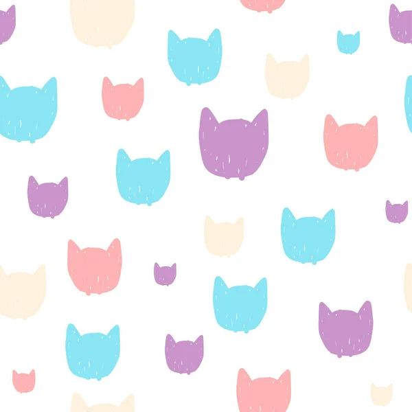 Cats Head Cartoon Background Hand Drawn Pastel Seamless Pattern Kids — Stock Vector