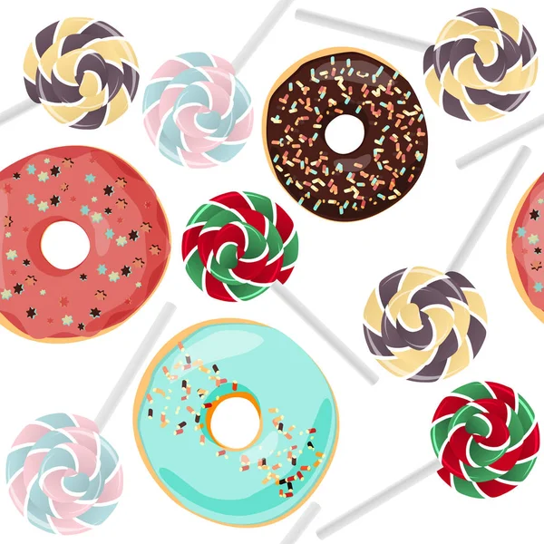 화려한 달콤한 막대 사탕과 도넛 완벽 한 패턴입니다. 음식 배경. — 스톡 벡터