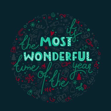 Onun yılın en güzel zamanı. Noel kutlamaları poster, tebrik kartı. Elle çizilmiş doodle illüstrasyon.