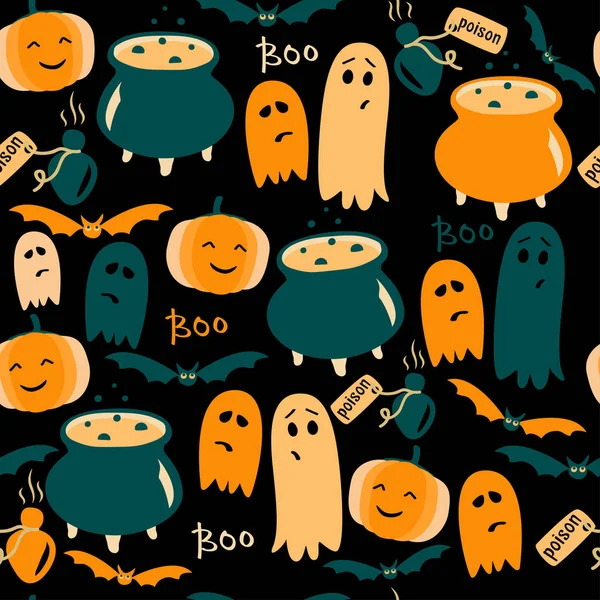 Cute Halloween background with ghosts, pumpkins and poison. Vector illustration. — Stock Vector