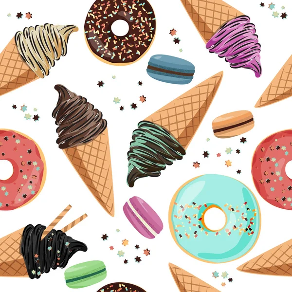 Wzór ze słodyczami - lody, Makaronki i pączki. — Wektor stockowy