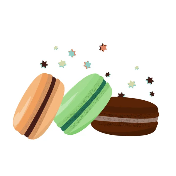 Három színes macarons. Repülő desszert vektoros illusztráció. — Stock Vector