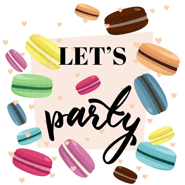 Lets party vector illustration with macarons. Celebration card design. — Stock Vector