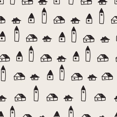 Dikişsiz renkli desen ev, ağaçlar ve dağlar. Nordic doğa manzara kavramı.