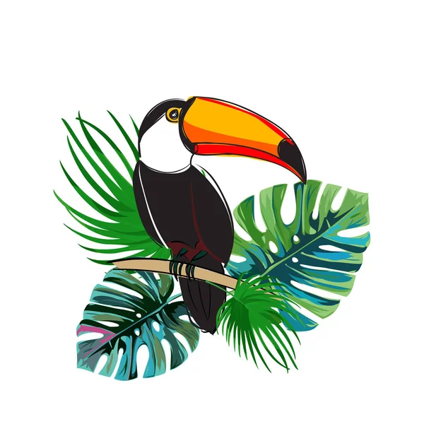 Toucan κάθεται στο υποκατάστημα. Εξωτικό πουλί με τροπικά φύλλα. Ρεαλιστική απεικόνιση. — Διανυσματικό Αρχείο