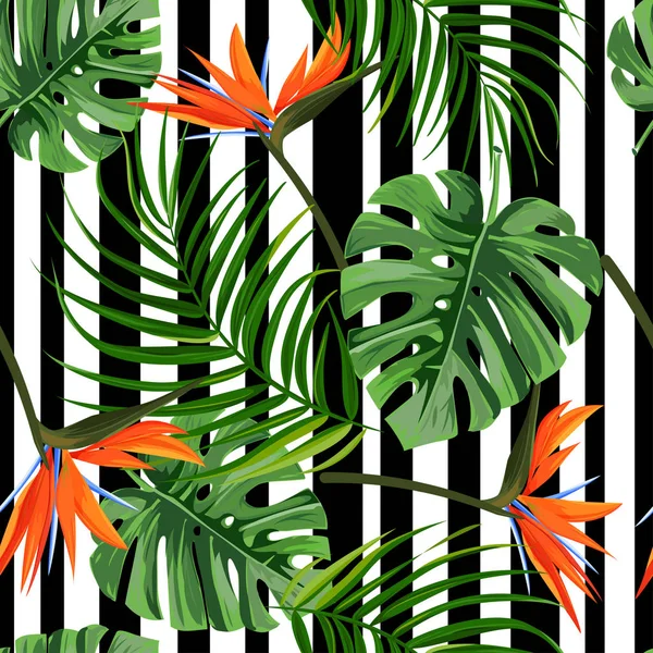 Bunte tropische Pflanzen Hintergrund. nahtloses Muster mit Monstera, Palmblättern und Paradiesvogel. — Stockvektor