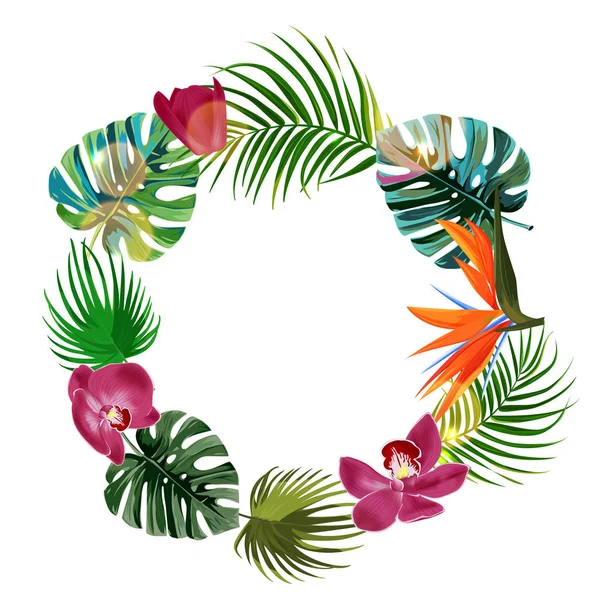 Tropische Pflanzen und Blumen umrahmen. geometrische Form mit exotischen Palmblättern. — Stockvektor