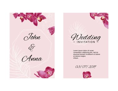 Düğün davet şablonu orkide ve beyaz eskiz unsurları ile. Pembe vektör çizim.