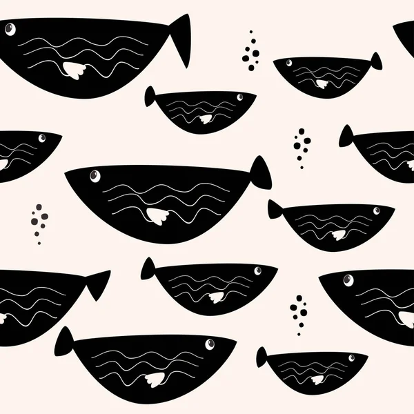 黒い魚のシームレスなパターン。海の野生動物シンプル背景. — ストックベクタ