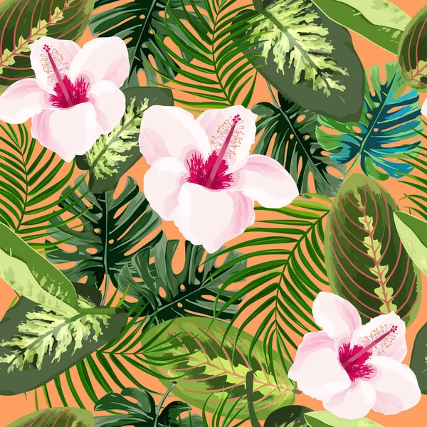 Flores de hibisco y plantas tropicales patrón sin costuras. Verano brillante fondo exótico . — Vector de stock