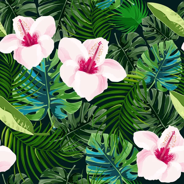 Hibiscus çiçek ve tropik bitkiler seamless modeli. Yaz parlak egzotik arka plan.