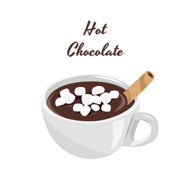 Beyaz bardakta marshmallowlu sıcak çikolata. Gerçekçi vektör illüstrasyon.