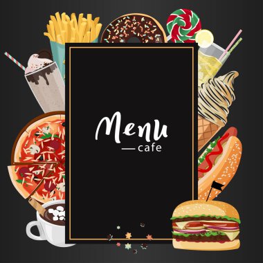 Fast food Cafe menü illüstrasyon. Elle çizilmiş vektör öğünleri seti. Pizza, sosisli sandviç, hamburger, milkshake, sıcak çikolata.