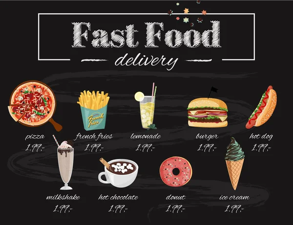 Fast food Cafe menu illustration. Set of hand drawn vector meals. Pizza, hot dog, burger, milkshake, hot chocolate. — Stock Vector