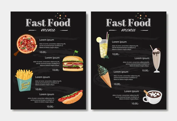 Fast food ilustração menu Café. Conjunto de refeições vectoriais desenhadas à mão. Pizza, cachorro-quente, hambúrguer, milkshake, chocolate quente . —  Vetores de Stock