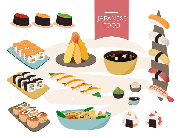 Japanese food collection. Vector realistic set of sushi, soups etc.