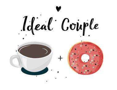 Çay kahve ve donat vektör çizim. Yazı ile vektör Illustration