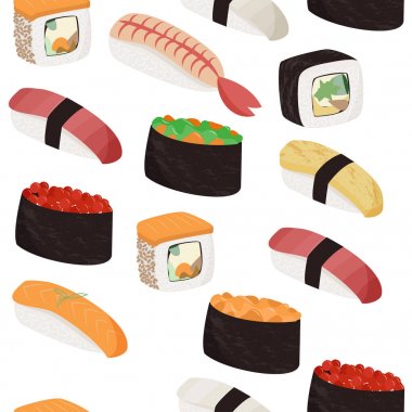 Sushi deseni. Japon yemekleri Dikişsiz desen. Gıda arka plan.