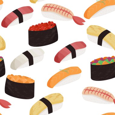 Sushi deseni. Japon yemekleri Dikişsiz desen. Gıda arka plan.