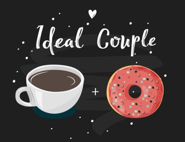 Çay kahve ve donat vektör çizim. Yazı ile vektör Illustration