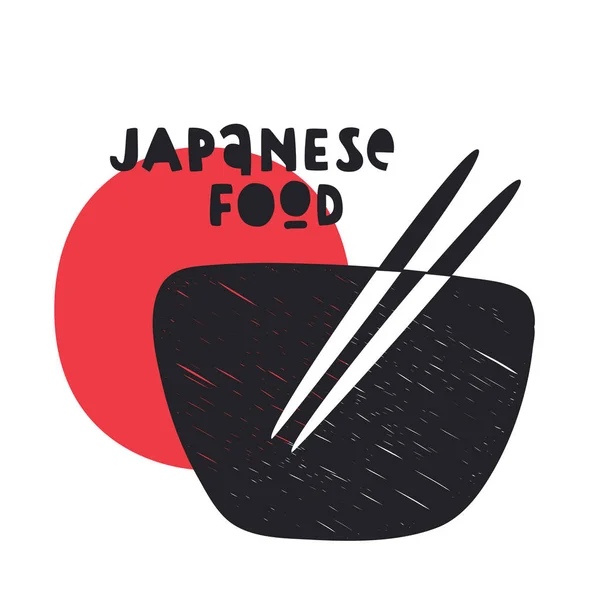 Japanese food flat illustration with bowl and chopsticks. Logo for restaurant, cafe. — Stock Vector