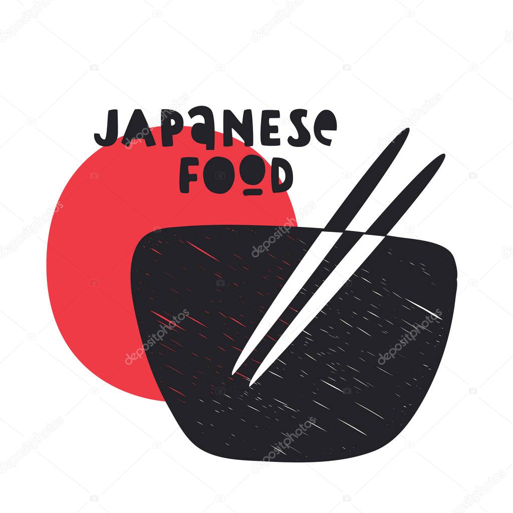 Logo for restaurant, cafe. Japanese food flat illustration with bowl and chopsticks.