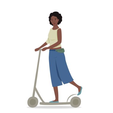 Siyah saçlı, scooter kullanan genç güzel bir kız. Vektör karikatür illüstrasyon.