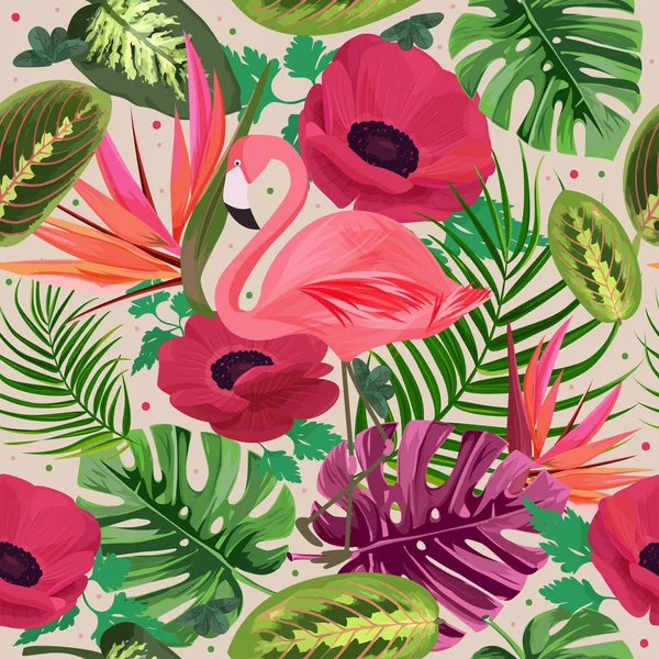 Flamingo seamless pattern. Summer tropical background with bird of paradise flower, monstera and palm leaves.