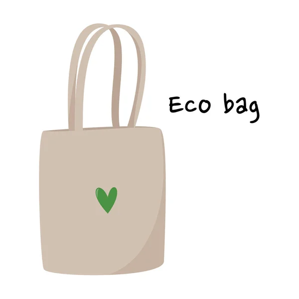 Simple cotton eco bag illustration. Vector eco friendly textile bag with green heart. — Stock Vector