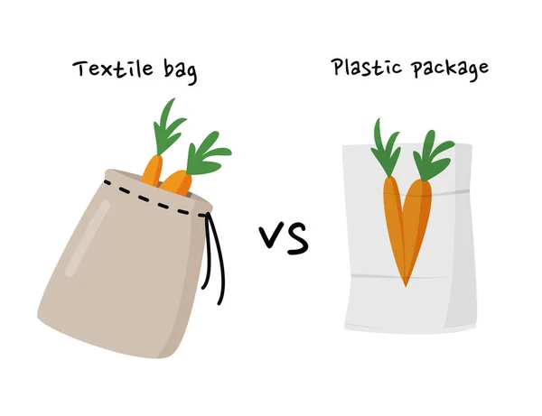 Эко небольшой хлопковый пакет vs пластиковая упаковка иллюстрация. Ноль отходов концепции для дома. Экологический плакат . — стоковый вектор