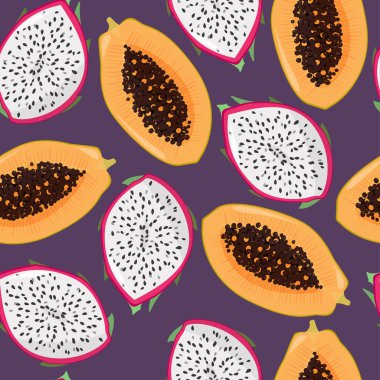 Dragonfruit pitaya, pitahaya ve papaya parlak Dikişsiz desen. Yaz taze meyve arka plan.