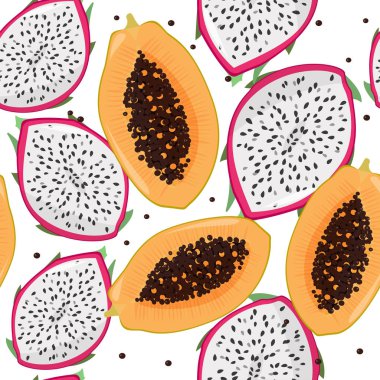Dragonfruit pitaya, pitahaya ve papaya parlak Dikişsiz desen. Yaz taze meyve arka plan.