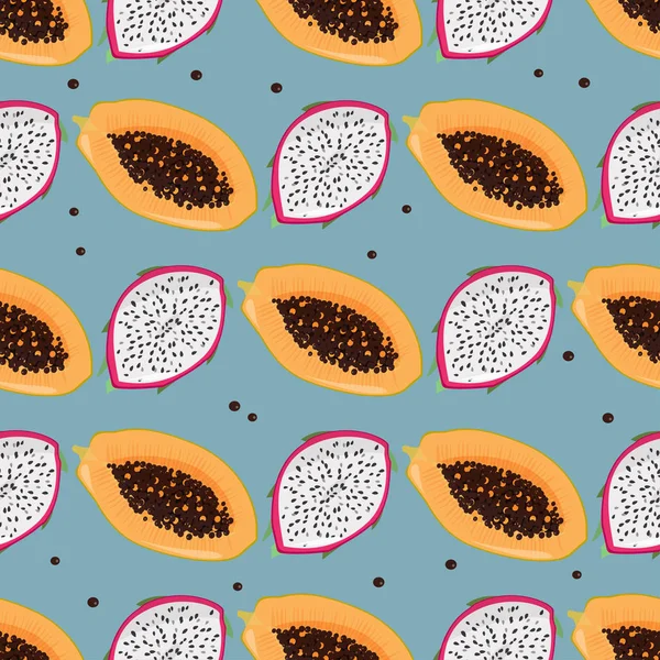 Dragonfruit pitaya, Pitahaya i Papaya jasny wzór bez szwu. Lato świeże owoce tła. — Wektor stockowy