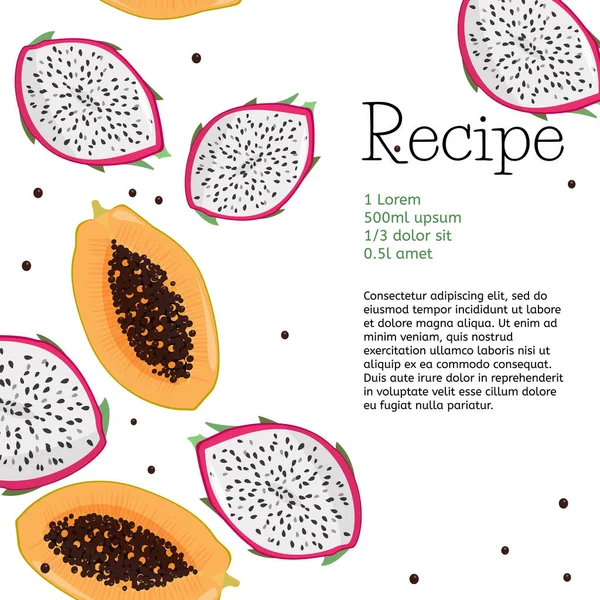 Šablona receptu čerstvých plodů. Papaya a dračí plody pozadí s textovou oblastí. — Stockový vektor