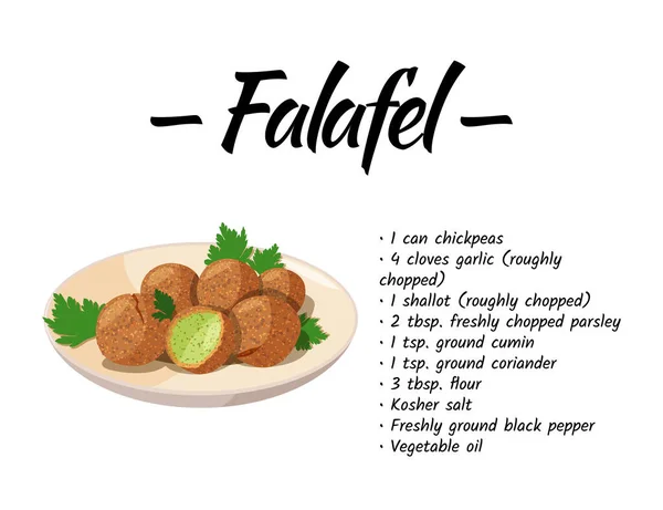 Geleneksel yahudi yemeği Falafel. Bej tabakta vejetaryen yemeği. Tarif tasarım şablonu. — Stok Vektör