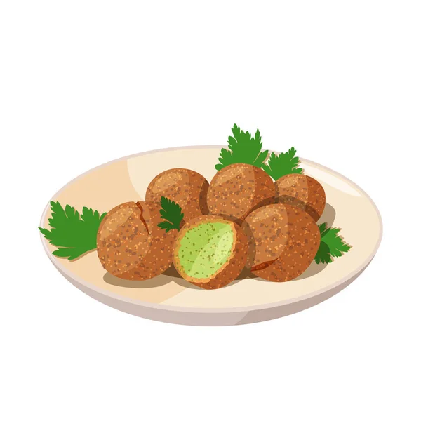 Traditional dish of Jewish cuisine Falafel. Vegetarian food on beige plate. Isolated on white background. — Stock Vector