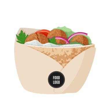 Geleneksel yahudi mutfağı Falafel Pita sandviçi siyah örnek logo etiketli kağıt ambalajlı. Vejetaryen yemeği..