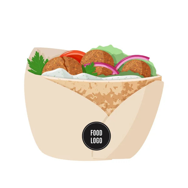 Hagyományos étel zsidó konyha Falafel pita szendvics papír csomagolásban fekete minta logó matrica. Növényi ételek. — Stock Vector